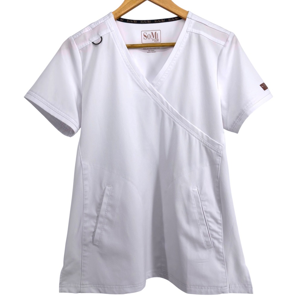 SoMi by AUW White Scrub Top V Neck Short Sleeve Pockets Size M Nurse Pinning